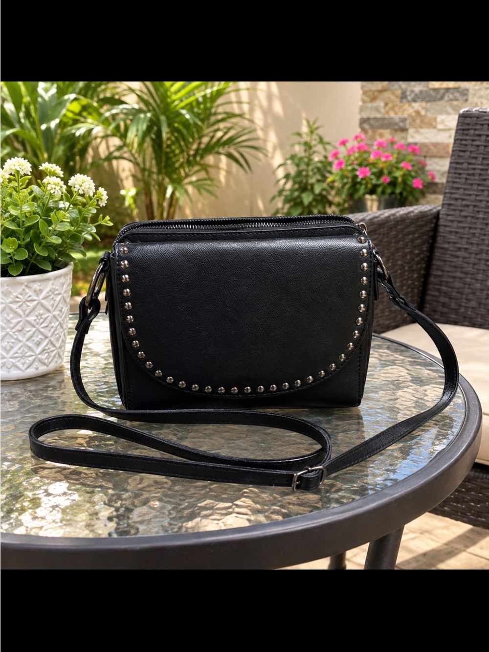 Black Studded Crossbody Bag valentina fiore made italy genuine leather.